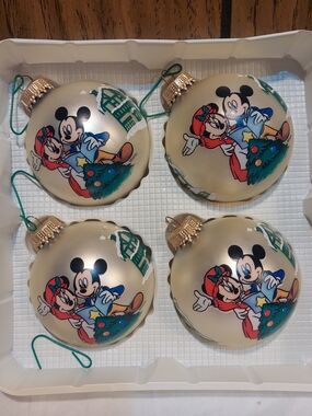 Disney Mickey & Minnie Holiday Glass Ornaments Vintage 90s Christmas By Krebs